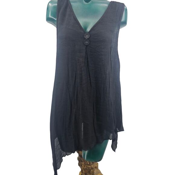 Noelle Knit Boho Sheer High Low Black Tank Dress Top V Neck  Size S/M 3636 - Picture 1 of 6